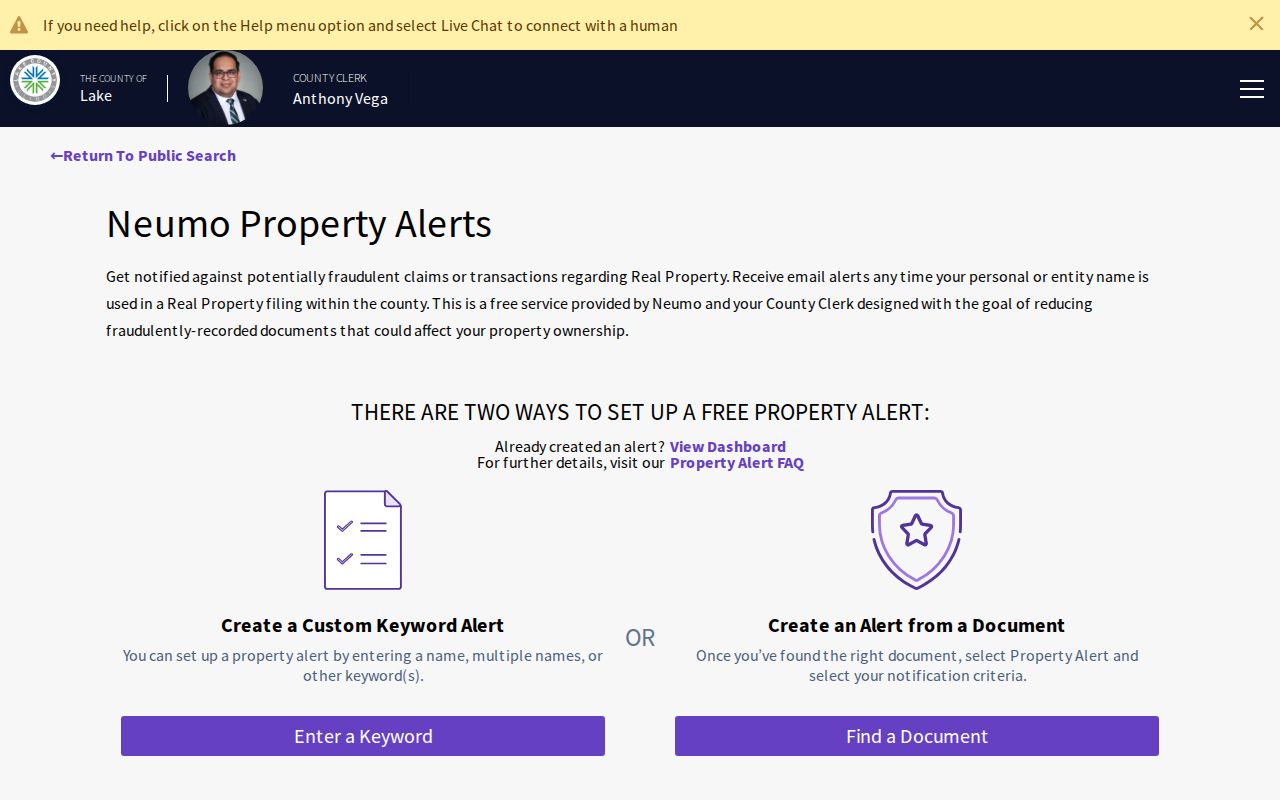 Lake County Property Alert page for Round Lake Beach parcel filings