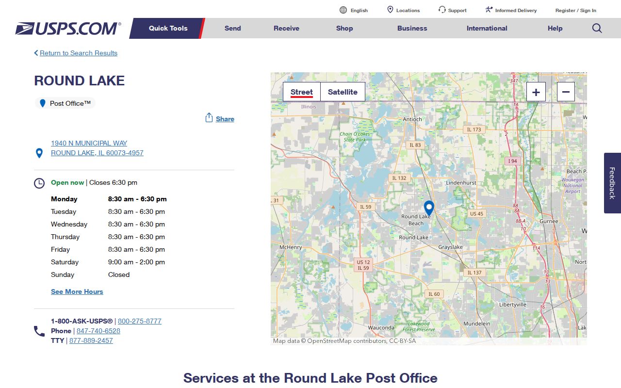 Round Lake Post Office in the Round Lake Beach ZIP code directory